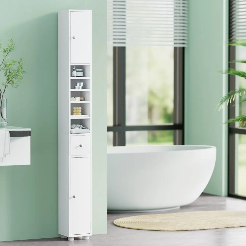 Ultra slim bathroom cabinet 20cm wide fitting beside toilet showing space saving vertical storage solution