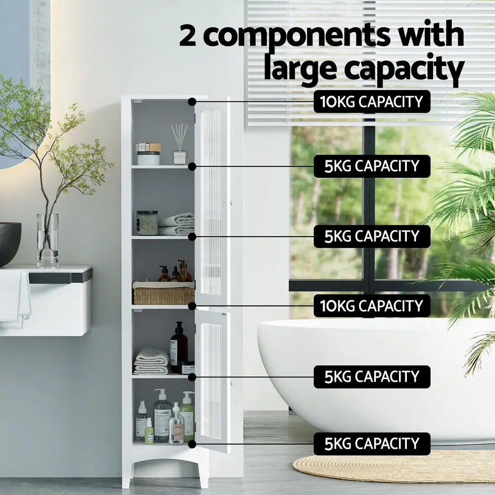 Bathroom cabinet interior showing 5 adjustable shelves storing towels toiletries organized bathroom storage system