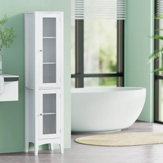 Tall white bathroom cabinet installed in modern Australian bathroom showing space saving vertical storage solution