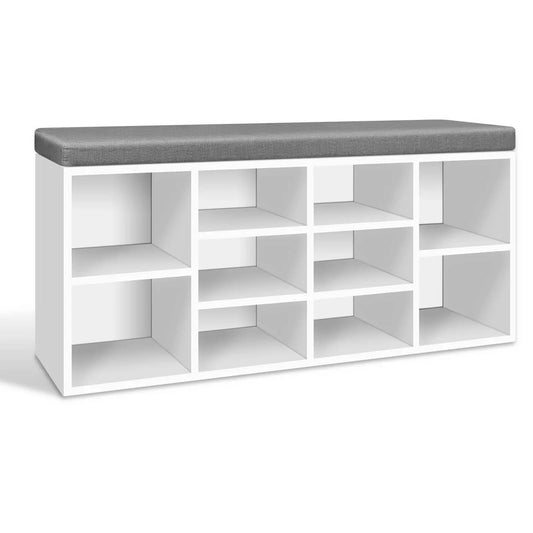 White and grey 2-in-1 shoe storage bench with 10 compartments and cushioned seating for Australian family entryways