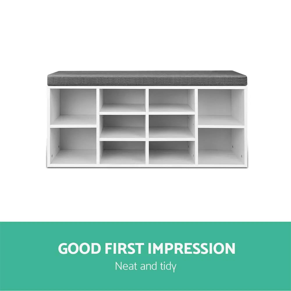 Ten individual shoe storage compartments showing various footwear sizes from children's to adult shoes organized neatly