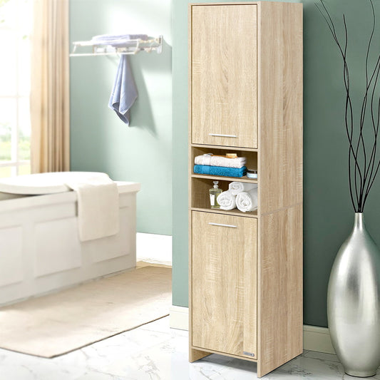 185cm Tall Bathroom Storage Cabinet – Slimline 8-Tier Cupboard (Oak & White)
