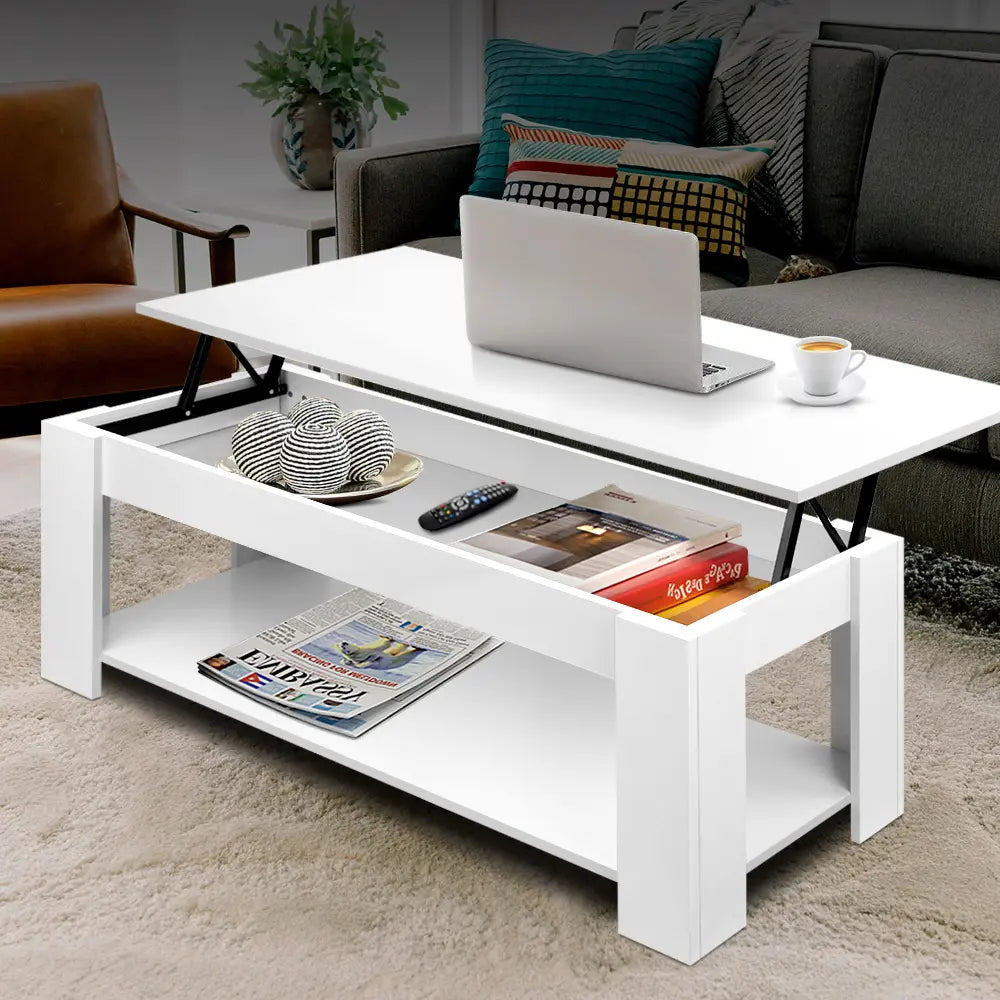 White lift-top coffee table with hidden storage compartment open, showing convertible work surface and storage space for Australian living rooms
