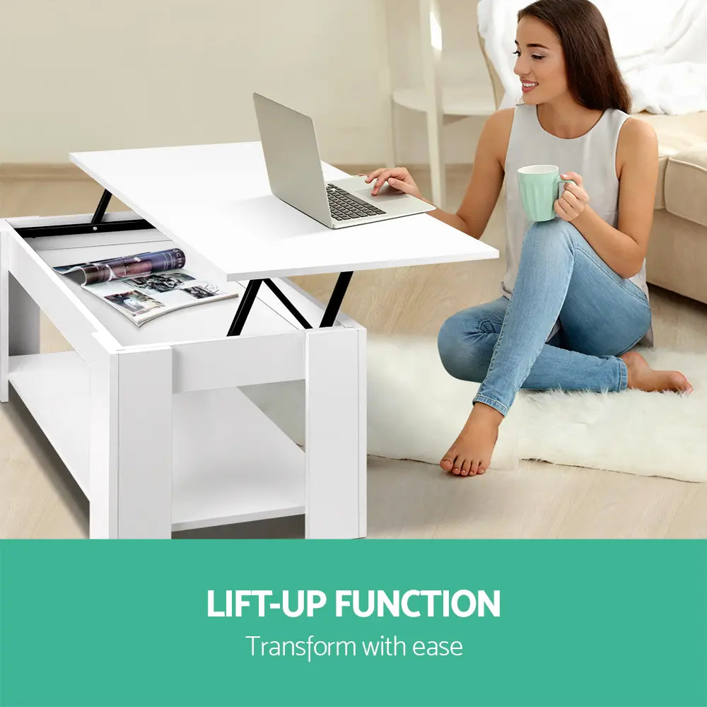Australian family using lift-top coffee table for multiple purposes - coffee table, laptop desk, and toy storage throughout the day