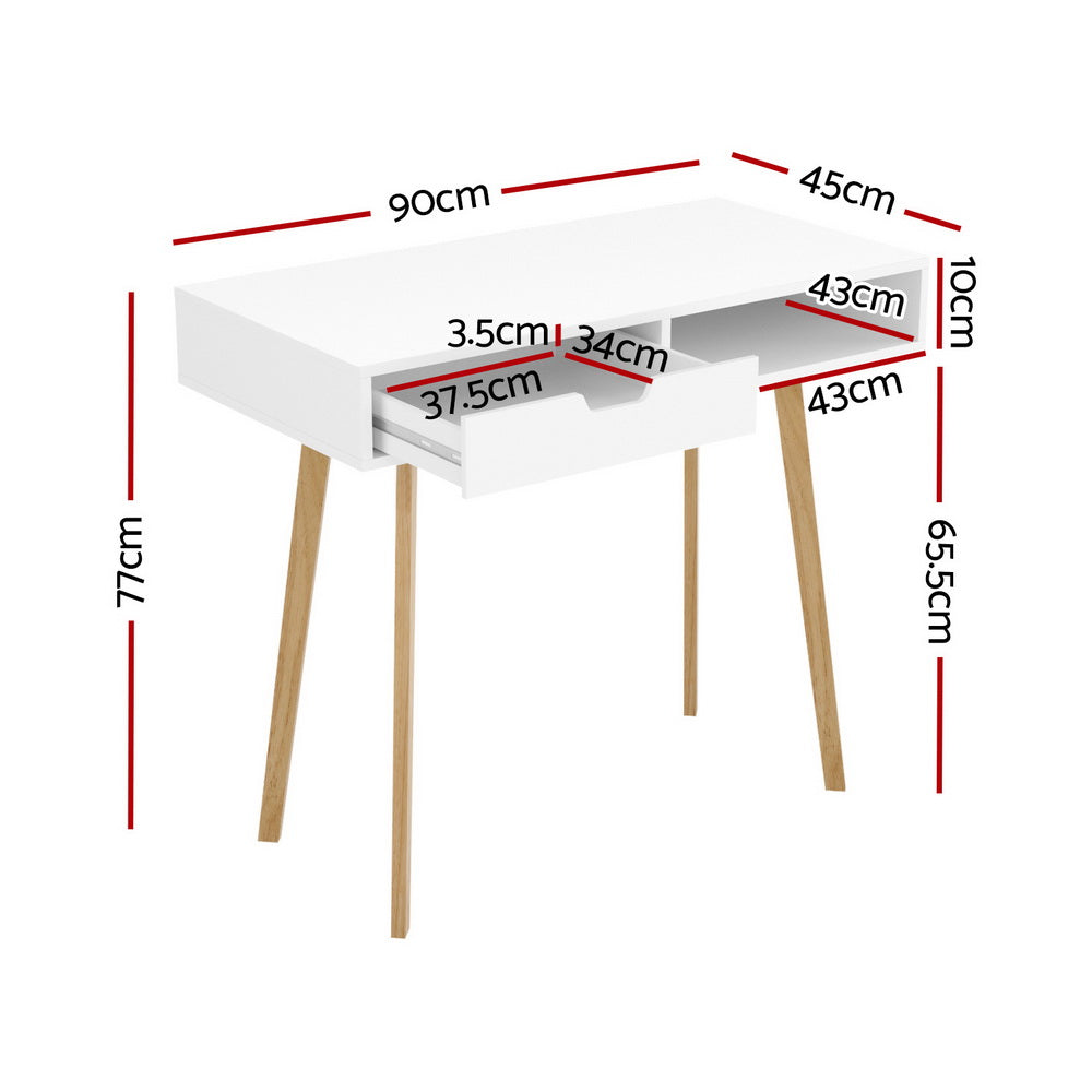 Artiss White & Oak Computer Desk – 90CM with Drawer & Shelf | Scandinavian Style