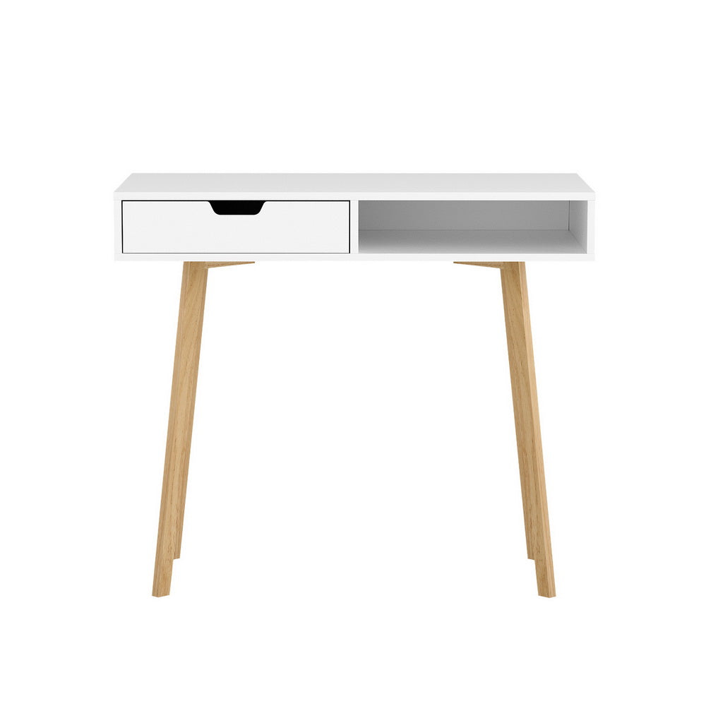 Artiss White & Oak Computer Desk – 90CM with Drawer & Shelf | Scandinavian Style
