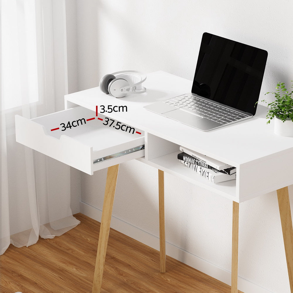 Artiss White & Oak Computer Desk – 90CM with Drawer & Shelf | Scandinavian Style