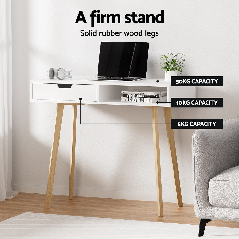 Artiss White & Oak Computer Desk – 90CM with Drawer & Shelf | Scandinavian Style