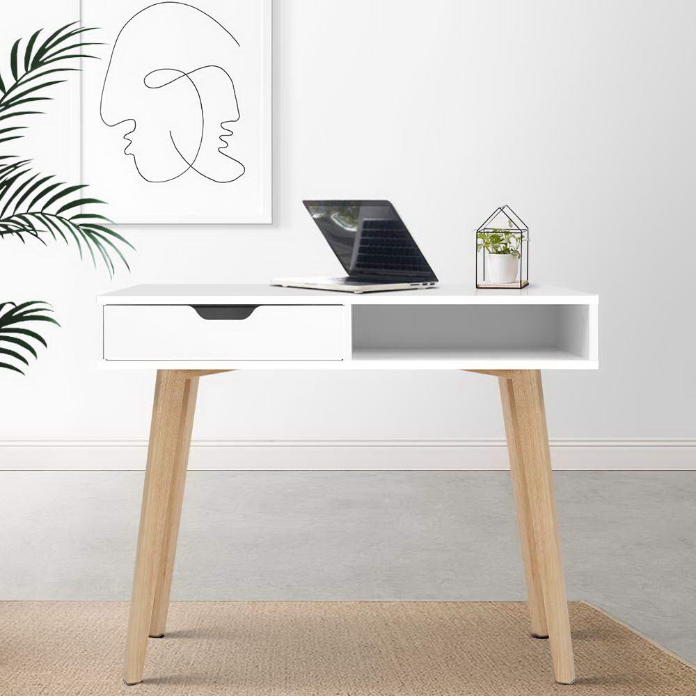Artiss White & Oak Computer Desk – 90CM with Drawer & Shelf | Scandinavian Style