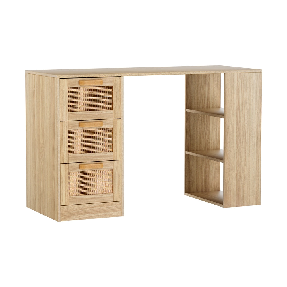 Artiss 120cm Rattan Computer Desk – 3 Drawers & Shelves | Oak Home Office & Study Table