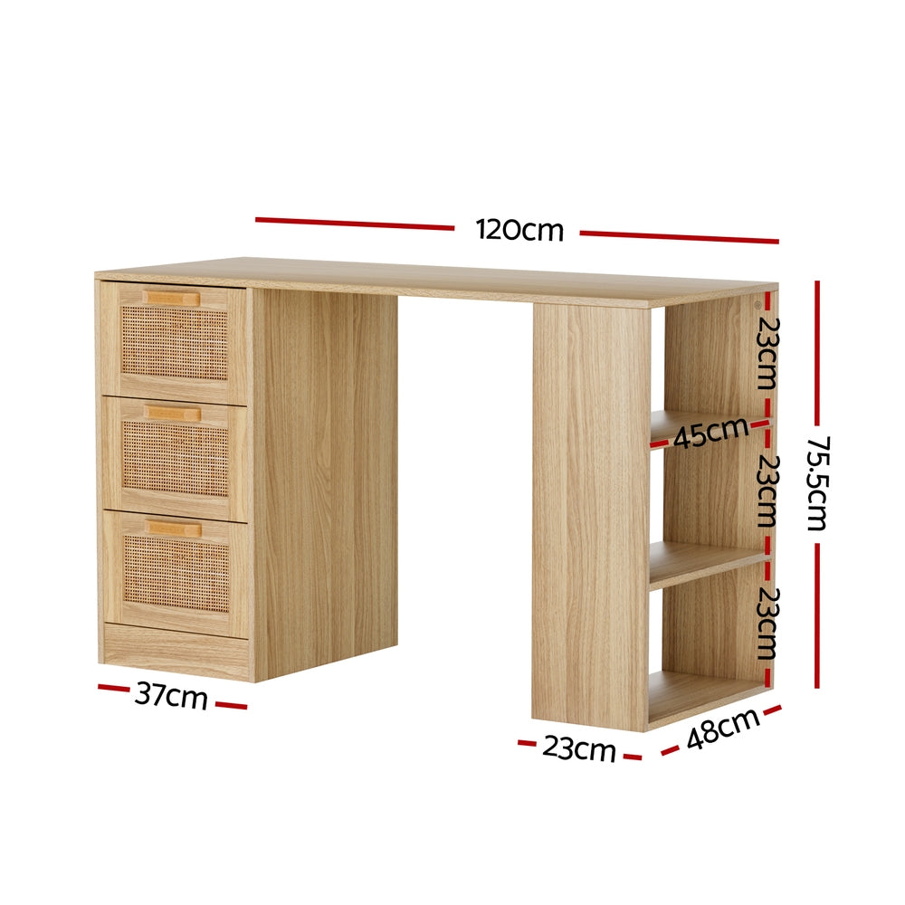 Artiss 120cm Rattan Computer Desk – 3 Drawers & Shelves | Oak Home Office & Study Table