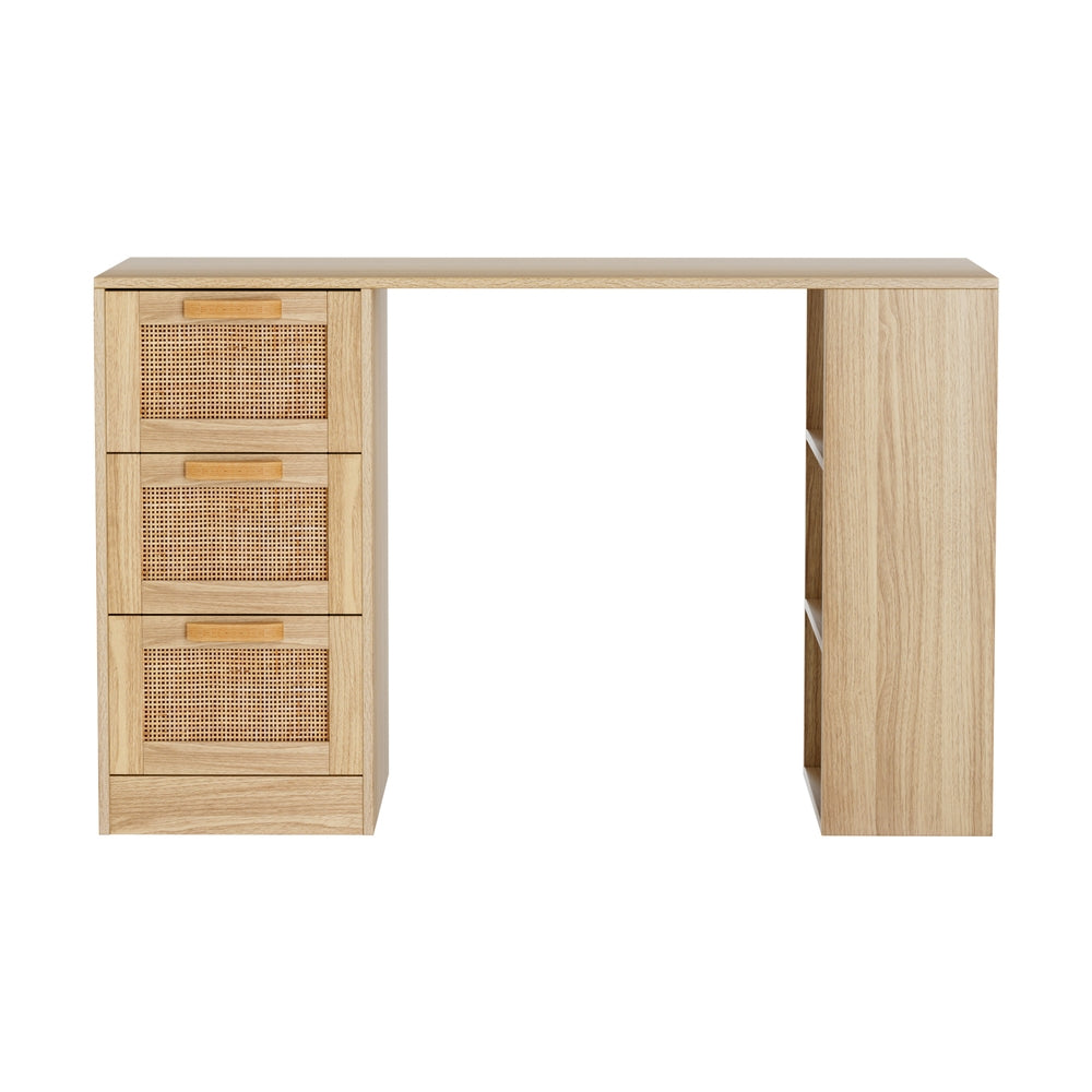 120cm Rattan Computer Desk – 3 Drawers & Shelves | Oak Home Office & Study Table