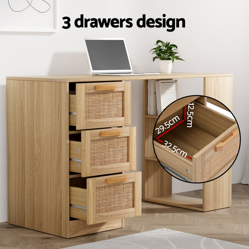 Artiss 120cm Rattan Computer Desk – 3 Drawers & Shelves | Oak Home Office & Study Table