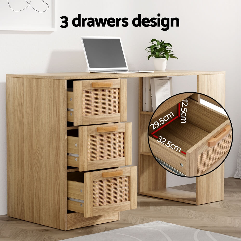 120cm Rattan Computer Desk – 3 Drawers & Shelves | Oak Home Office & Study Table