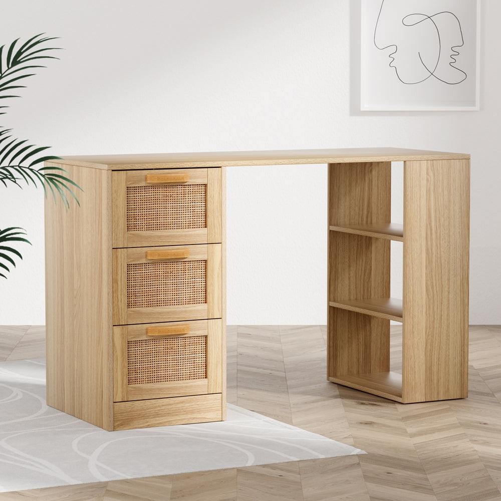 Artiss 120cm Rattan Computer Desk – 3 Drawers & Shelves | Oak Home Office & Study Table
