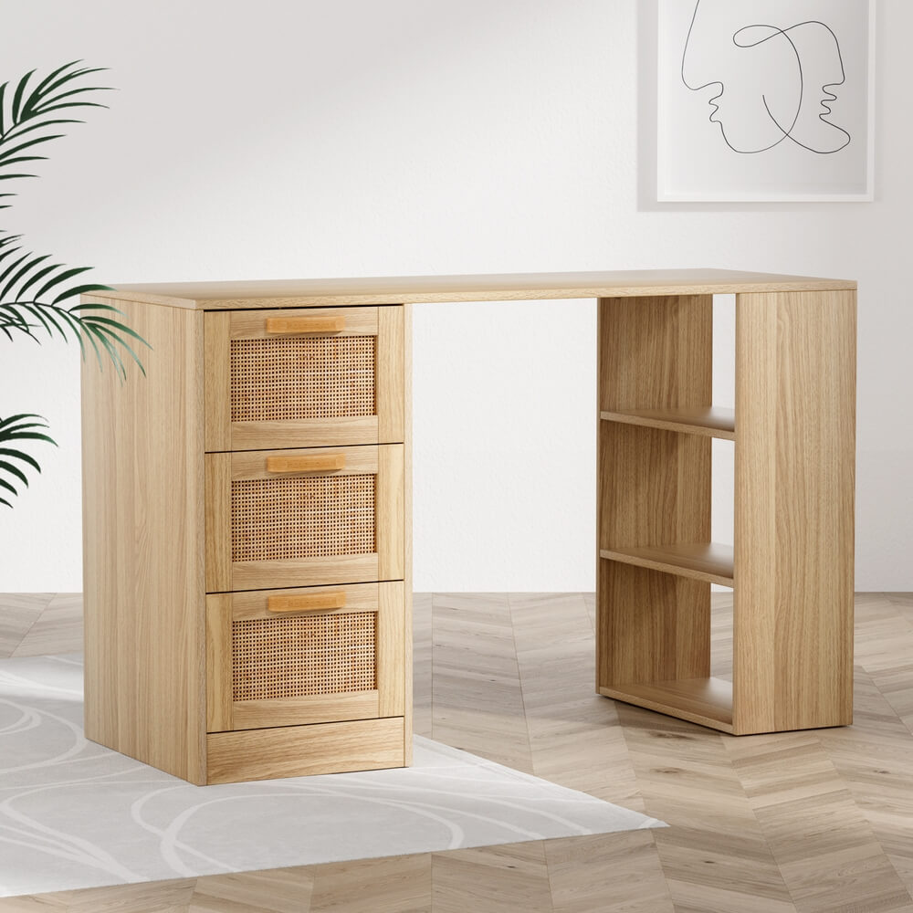 120cm Rattan Computer Desk – 3 Drawers & Shelves | Oak Home Office & Study Table