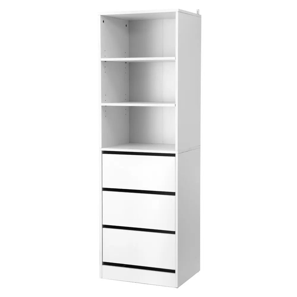 White 3 drawer tallboy dresser cabinet with shelves for bedroom storage