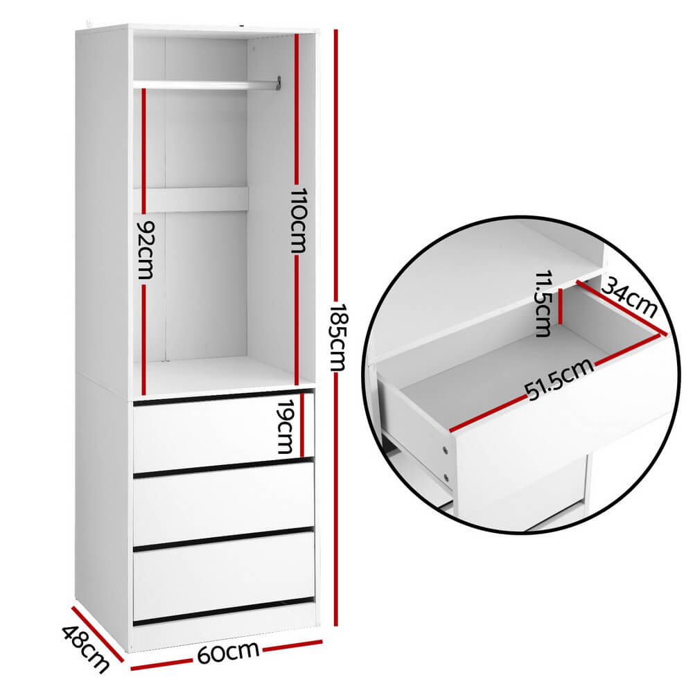 White Wardrobe Closet with Drawers & Hanging Rail – 185cm Vertical Storage Unit | Smart Storage AU