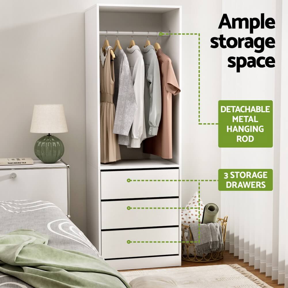 White Wardrobe Closet with Drawers & Hanging Rail – 185cm Vertical Storage Unit | Smart Storage AU