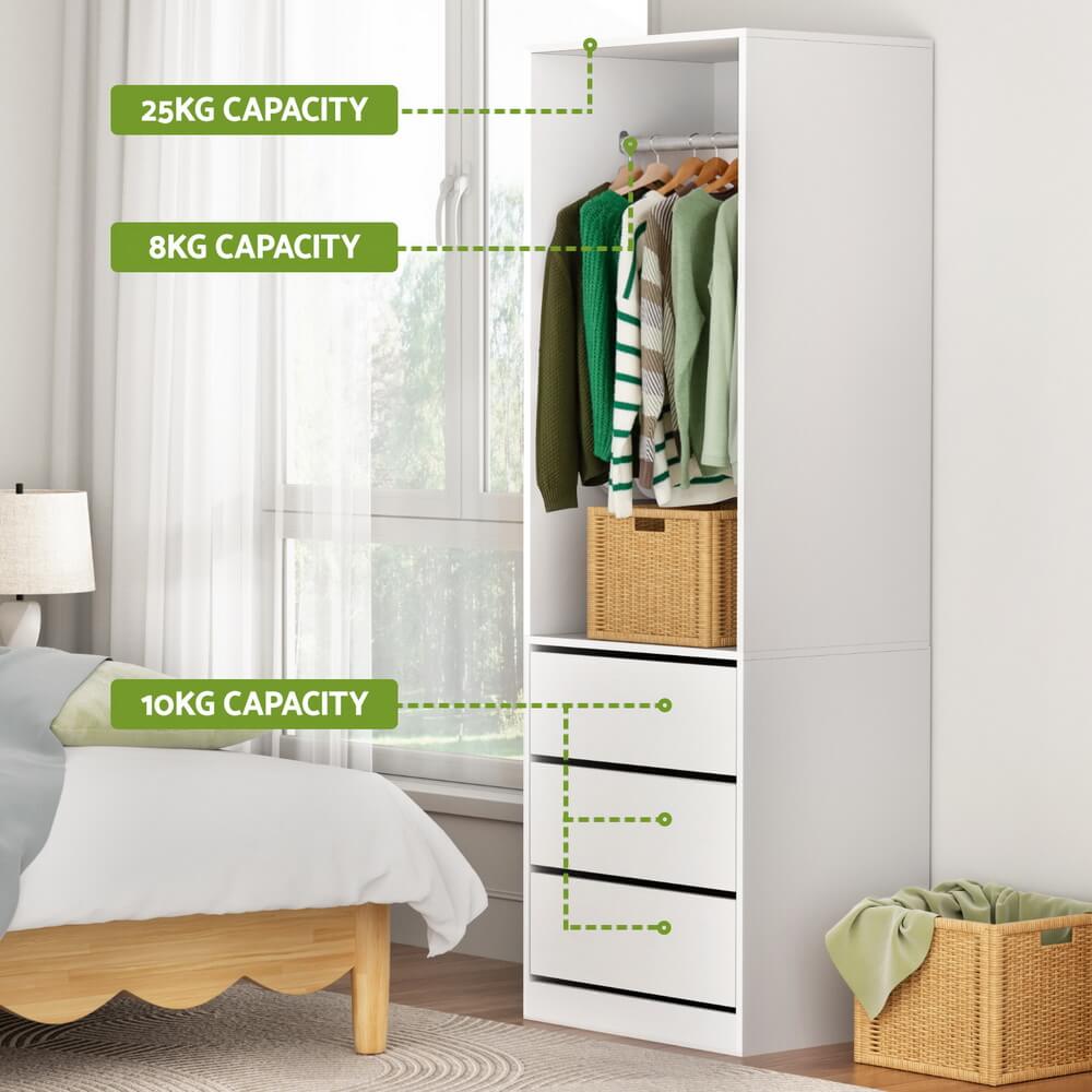 White Wardrobe Closet with Drawers & Hanging Rail – 185cm Vertical Storage Unit | Smart Storage AU