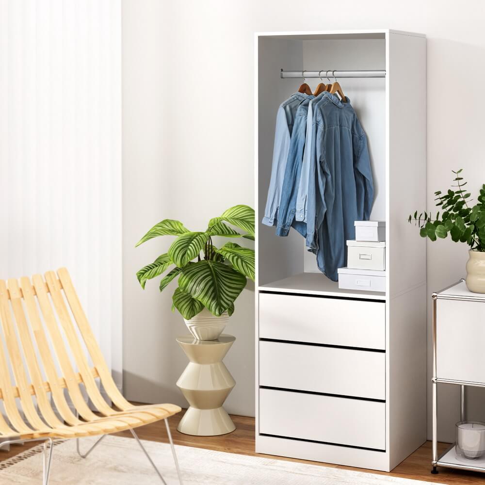 White Wardrobe Closet with Drawers & Hanging Rail – 185cm Vertical Storage Unit | Smart Storage AU