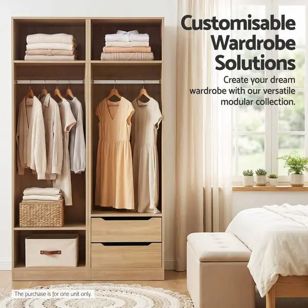 Artiss Slim Pine Wardrobe with Hanging Rod & Open Shelves - 185cm Bedroom Closet | Minimalist Storage