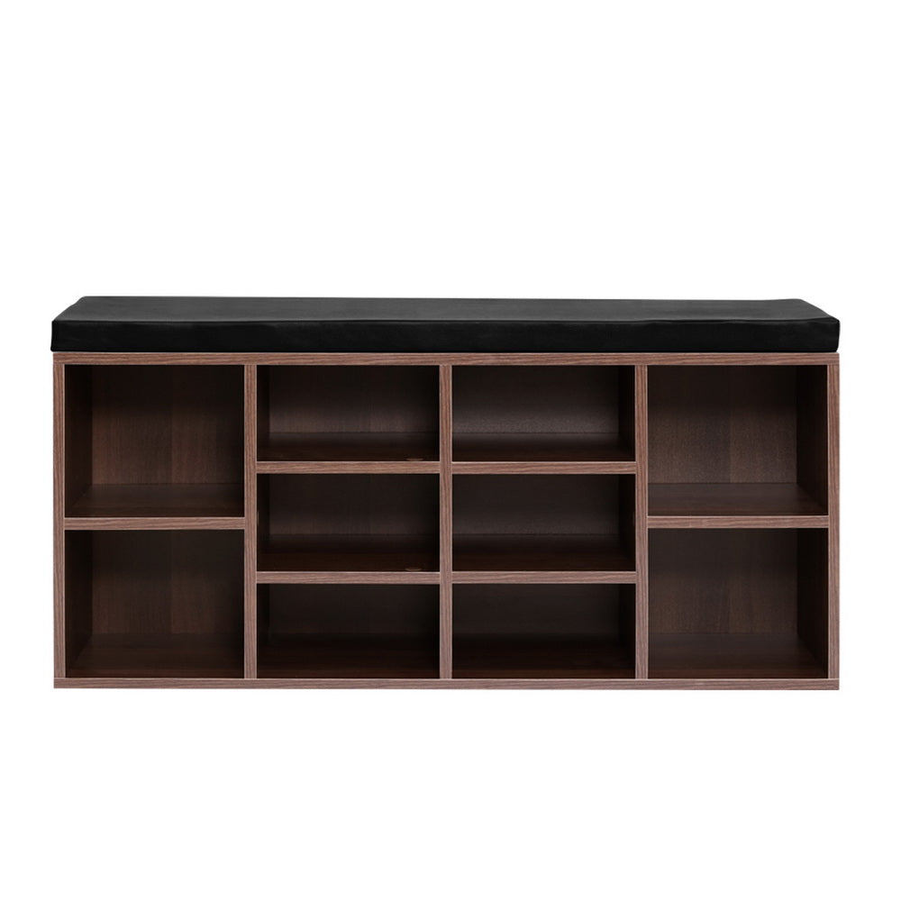 Artiss 10-Cube Shoe Cabinet Bench – Walnut Entryway Storage with Cushioned Seat