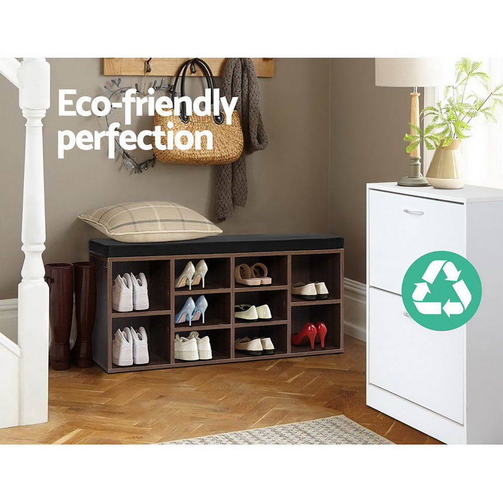 Artiss 10-Cube Shoe Cabinet Bench – Walnut Entryway Storage with Cushioned Seat