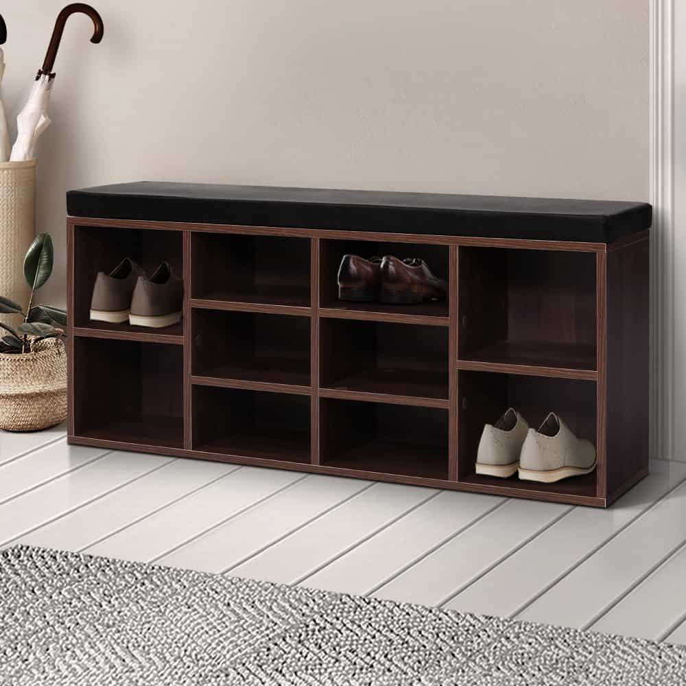 Artiss 10-Cube Shoe Cabinet Bench – Walnut Entryway Storage with Cushioned Seat