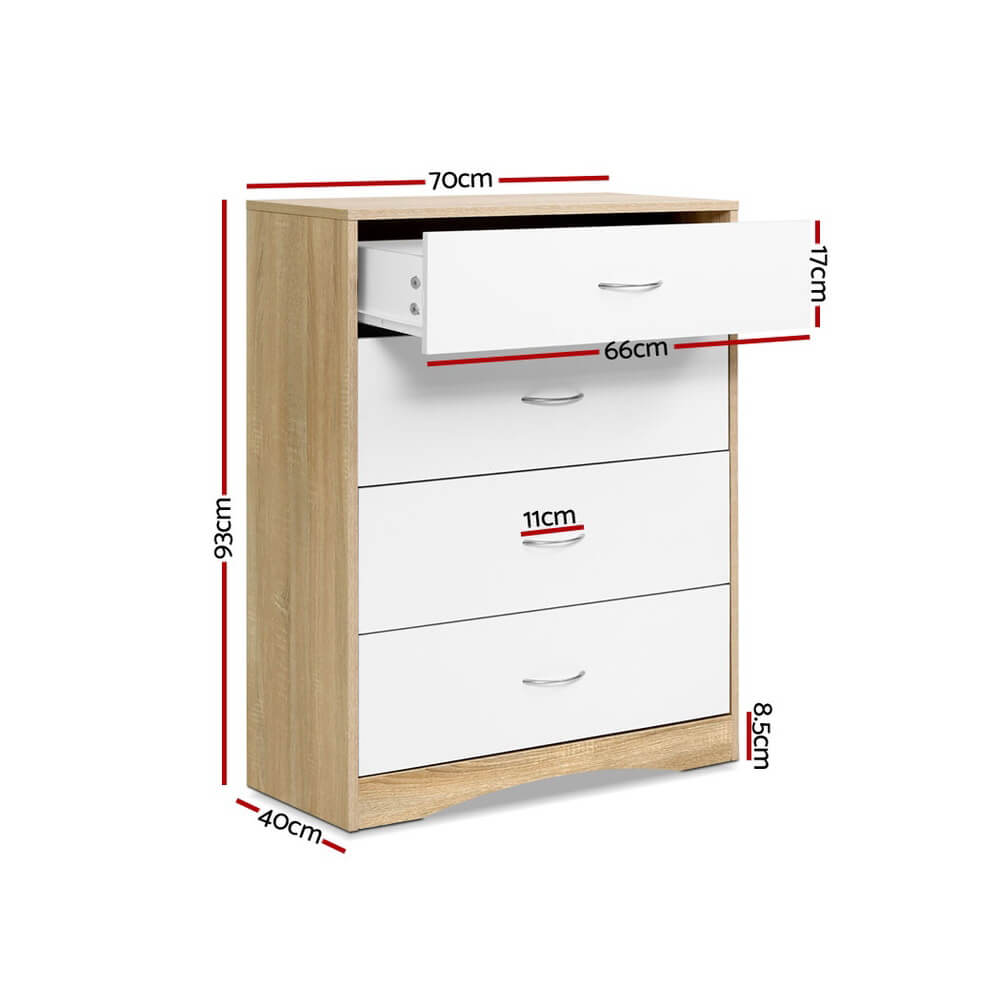 Artiss 4 Drawer Chest – Stylish White & Oak Bedroom Storage