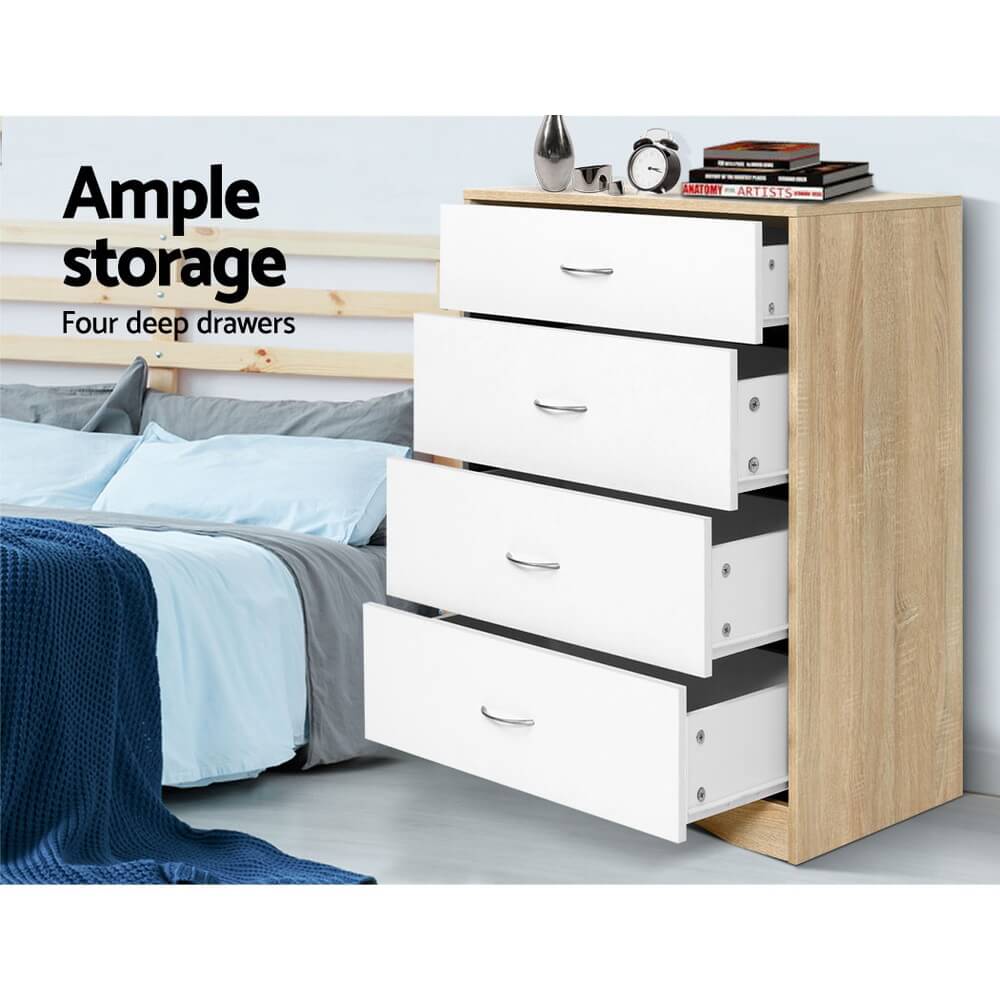 Artiss 4 Drawer Chest – Stylish White & Oak Bedroom Storage