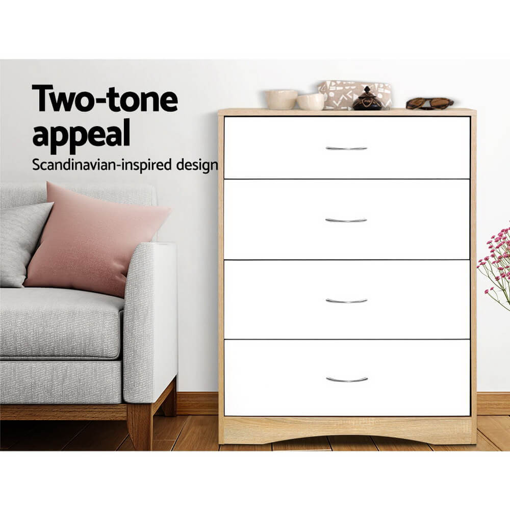 Artiss 4 Drawer Chest – Stylish White & Oak Bedroom Storage