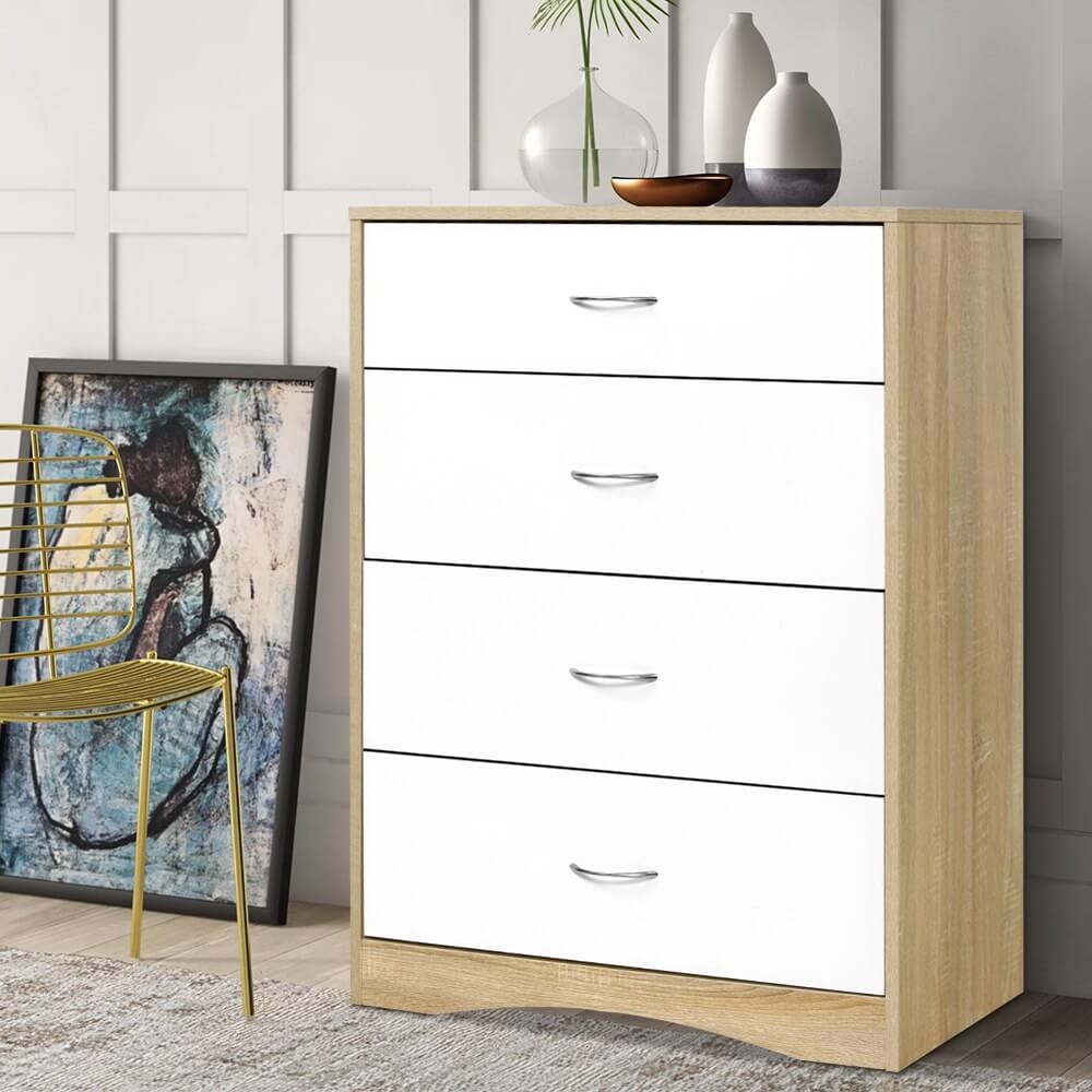 Artiss 4 Drawer Chest – Stylish White & Oak Bedroom Storage
