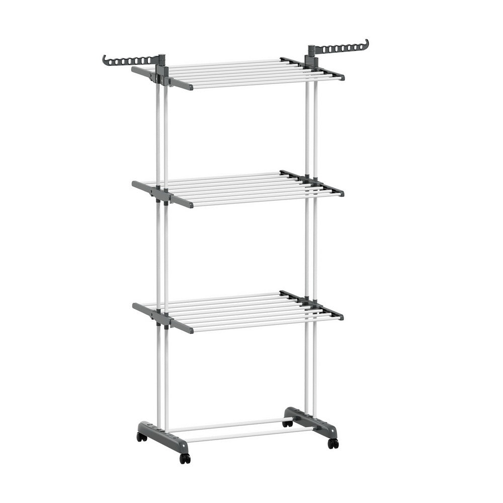 Heavy duty 3-tier clothes drying rack with wheels extended showing 20kg capacity and mobile design for Australian homes
