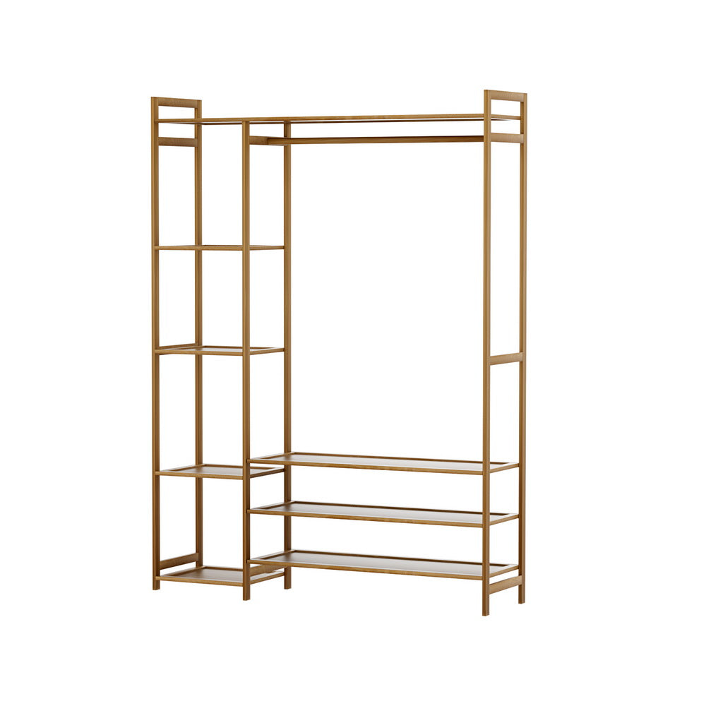 Bamboo clothes rack with shelves in walnut finish