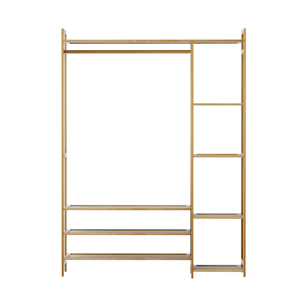 Open wardrobe bamboo rack with shoes and clothes
