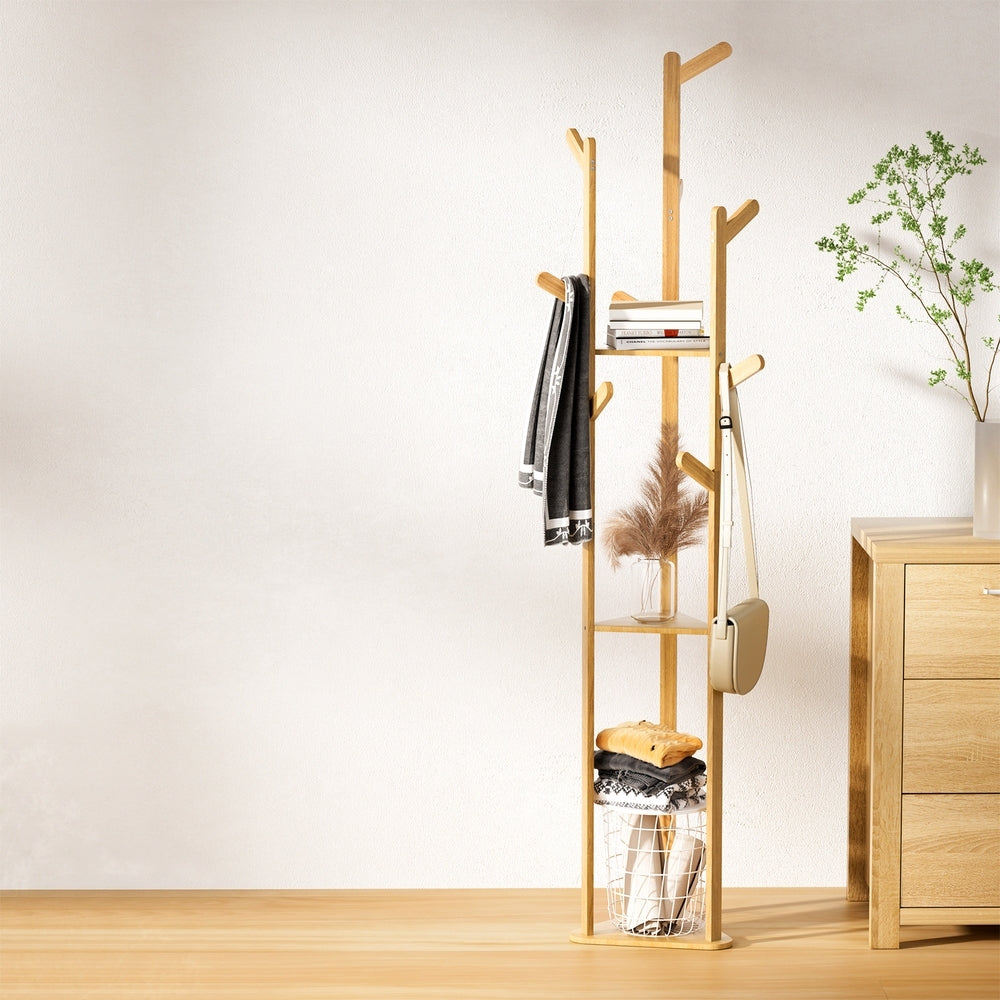 Bamboo coat stand organizing jackets and clothes in modern Australian bedroom