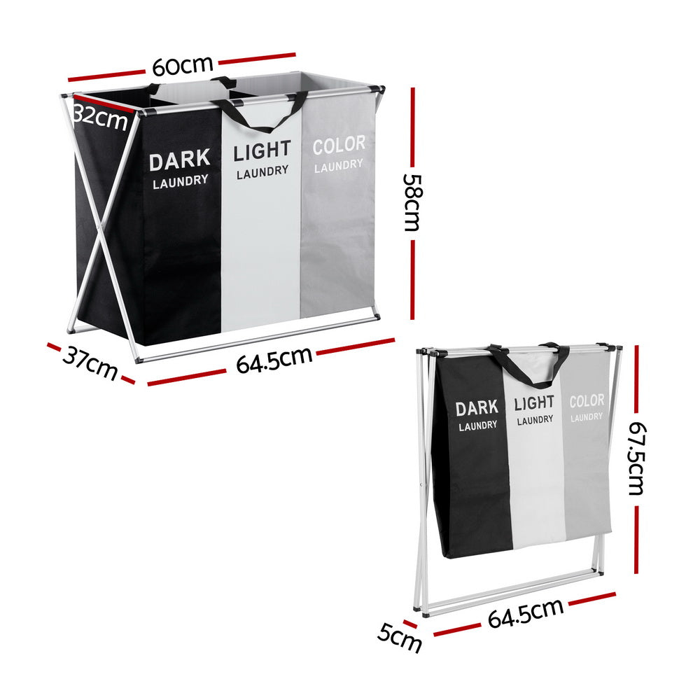 Artiss 3-Section Laundry Basket Hamper | Large Foldable Clothes Storage Organiser