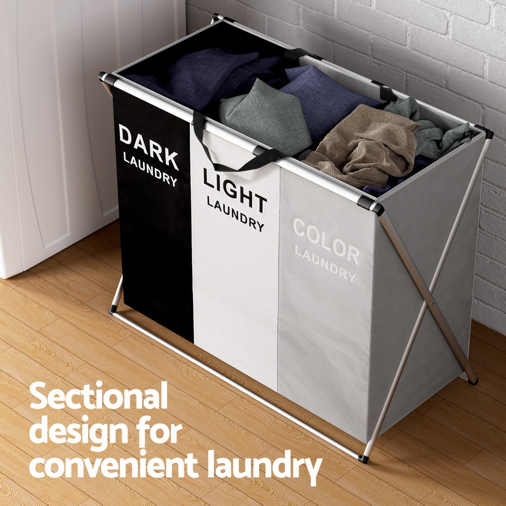 Artiss 3-Section Laundry Basket Hamper | Large Foldable Clothes Storage Organiser