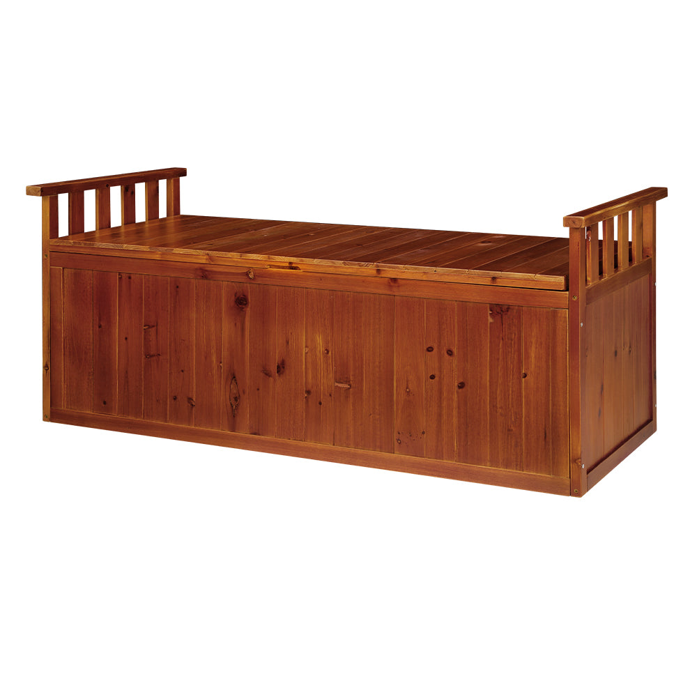 Outdoor wooden storage bench 200L with hidden compartment 129cm fir wood natural finish