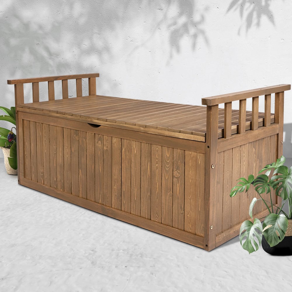 Weather-resistant timber storage bench with natural finish blending into outdoor space