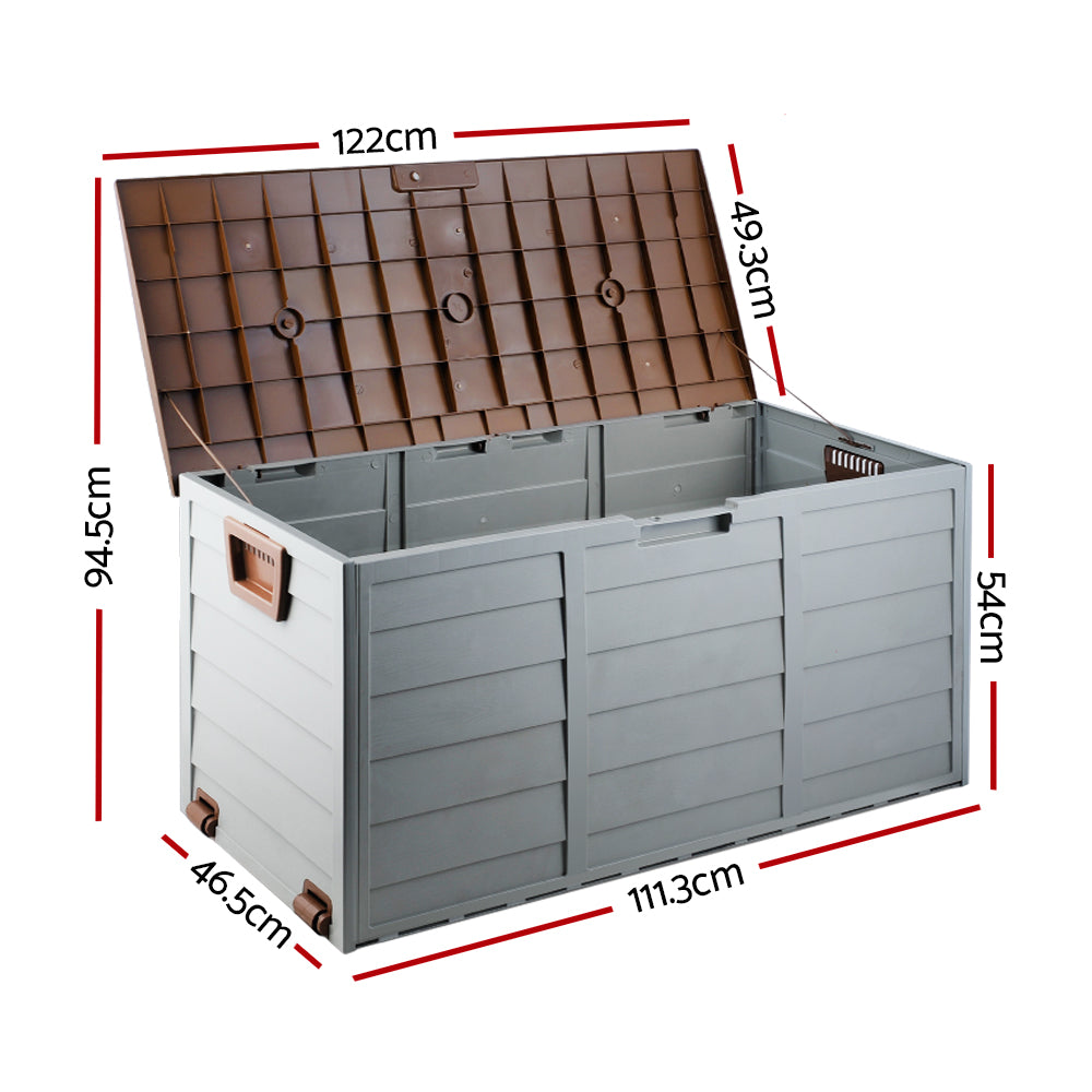 290L Outdoor Storage Box โ Brown Lockable Garden Deck Organizer with Wheels