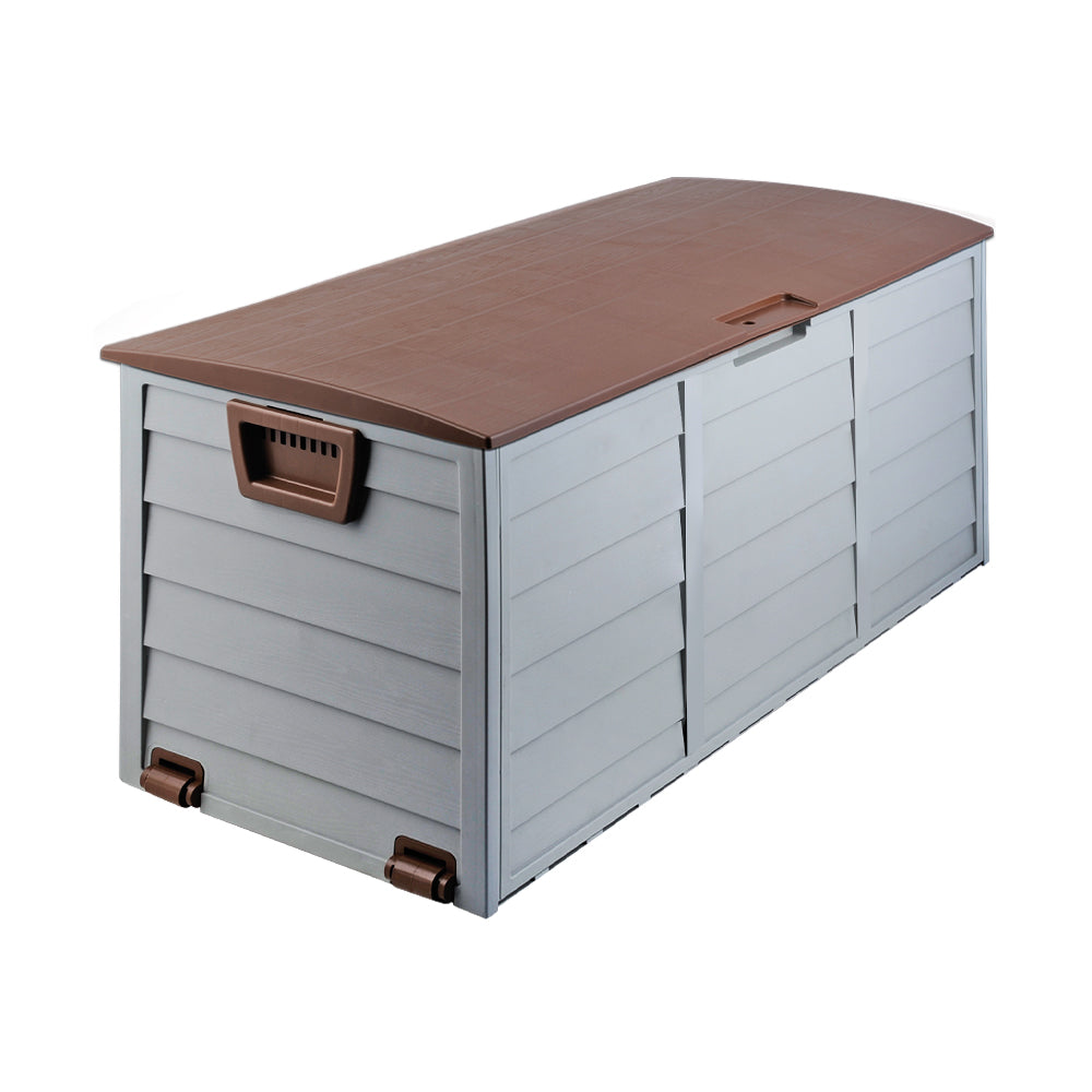 290L Outdoor Storage Box โ Brown Lockable Garden Deck Organizer with Wheels