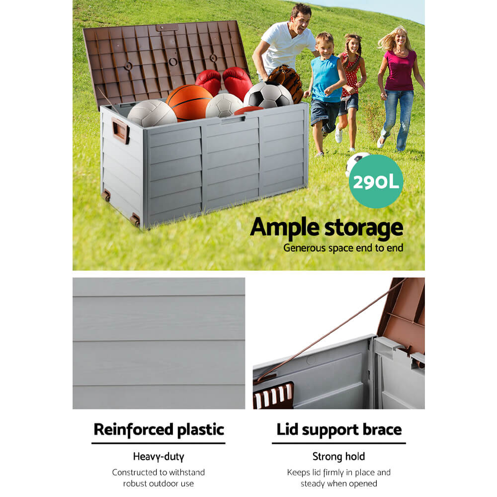 290L Outdoor Storage Box โ Brown Lockable Garden Deck Organizer with Wheels