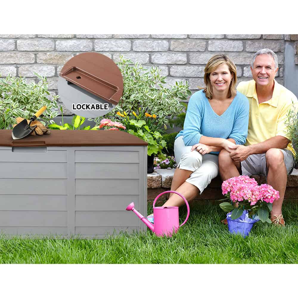290L Outdoor Storage Box โ Brown Lockable Garden Deck Organizer with Wheels