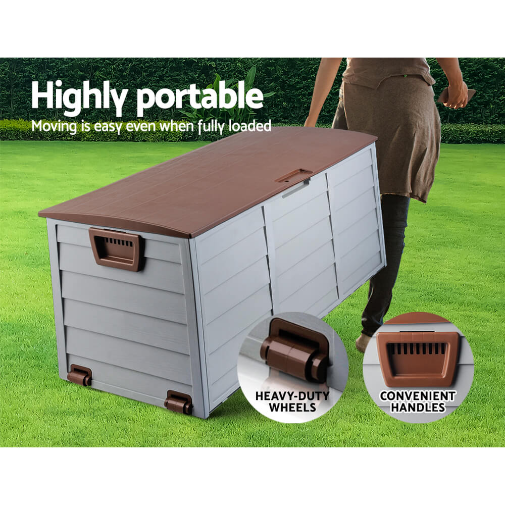 290L Outdoor Storage Box โ Brown Lockable Garden Deck Organizer with Wheels