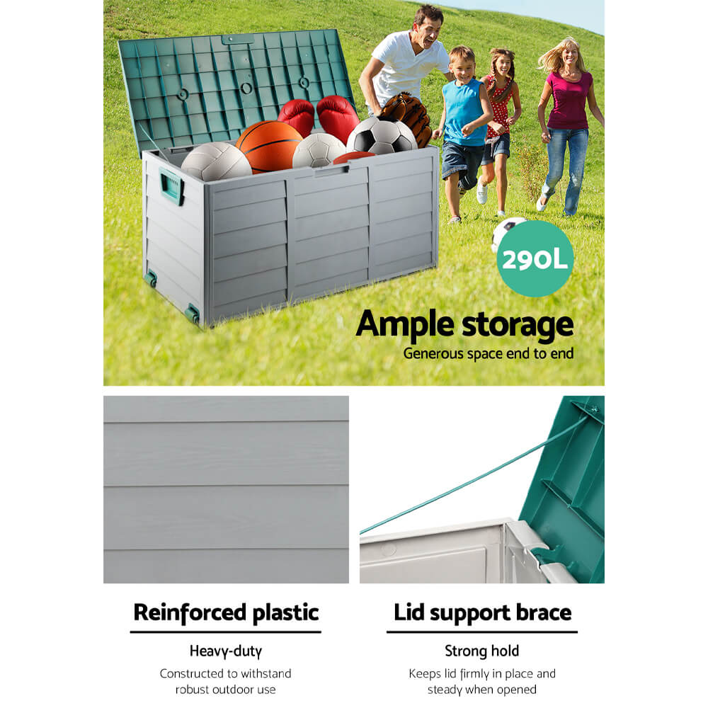 290L Outdoor Storage Box – Green Lockable Garden Deck Organiser with Wheels