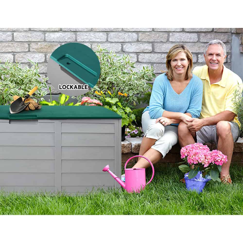 290L Outdoor Storage Box – Green Lockable Garden Deck Organizer with Wheels
