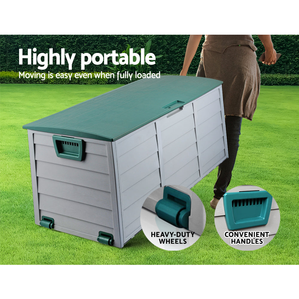 290L Outdoor Storage Box – Green Lockable Garden Deck Organizer with Wheels