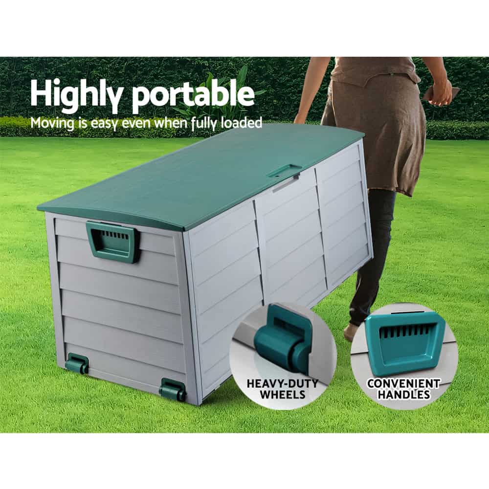 290L Outdoor Storage Box – Green Lockable Garden Deck Organiser with Wheels